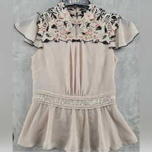 Karen Millen Tan Flutter Sleeve Peplum Blouse